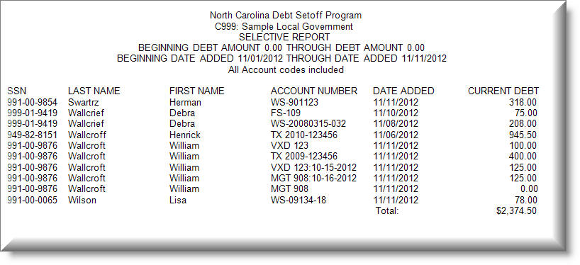 Selective Report Sample - Date Debts Added Range for All Account Codes